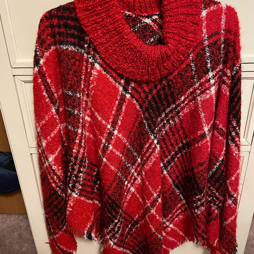 Cozy Red Plaid Women's Sweater/ poncho